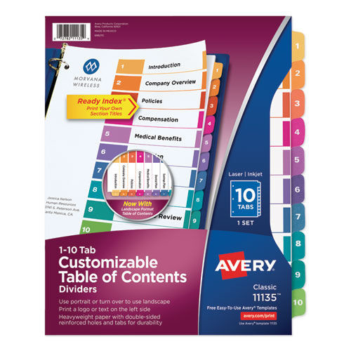 Office Jansan | Avery 11135 Ready Index 11 in. x 8.5 in. 10-Tab 1 to 10 Customizable TOC Multicolor Tab Dividers - White/Traditional Color Tabs (1-Set) image number 0