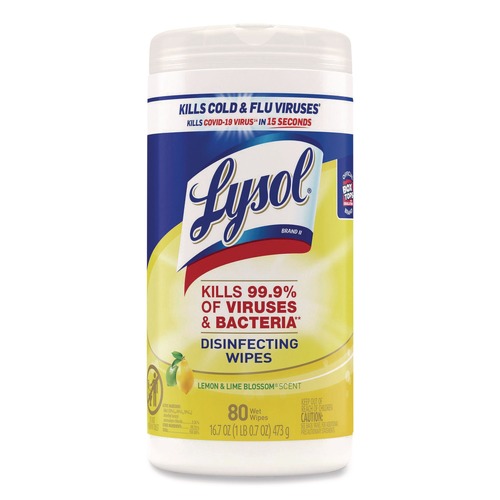 Cleaning & Janitorial Supplies | LYSOL Brand 19200-77182 7 in. x 7.25 in. 1-Ply Disinfecting Wipes - Lemon and Lime Blossom, White (80 Wipes/Canister) image number 0