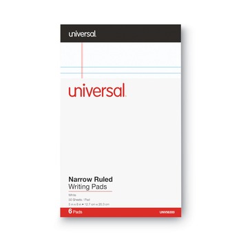 Universal UNV56300 5 in. x 8 in. Premium Narrow Rule Writing Pads - White (6 Pads/Pack, 50 Sheets/Pad)