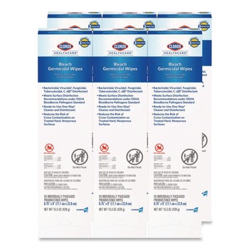 Clorox Healthcare 6.75 in. x 9 in. 1-Ply Individual Bleach Germicidal Wipes - Unscented White (6/Carton)