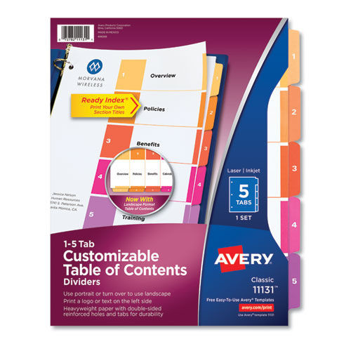 Office Jansan | Avery 11131 Ready Index 11 in. x 8.5 in. 5-Tab 1 to 5 Customizable TOC Multicolor Tab Dividers - White/Traditional Color Tabs (1-Set) image number 0