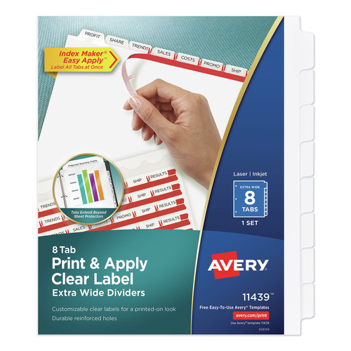 Office Jansan | Avery 11439 Index Maker 11.25 in. x 9.25 in. 8-Tab Extra Wide Tab Print and Apply Clear Label Dividers - White (1-Set) image number 0