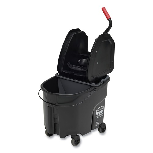 Mop Buckets | Rubbermaid Commercial 1863898 35 qt. WaveBrake 2.0 Down-Press Plastic Bucket/Wringer Combos - Black image number 0