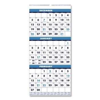 House of Doolittle 14-Month: Dec 2025 to Jan 2027 8 in. x 17 in. Vertical Orientation Recycled Three-Month Format Wall Calendar - White Sheets
