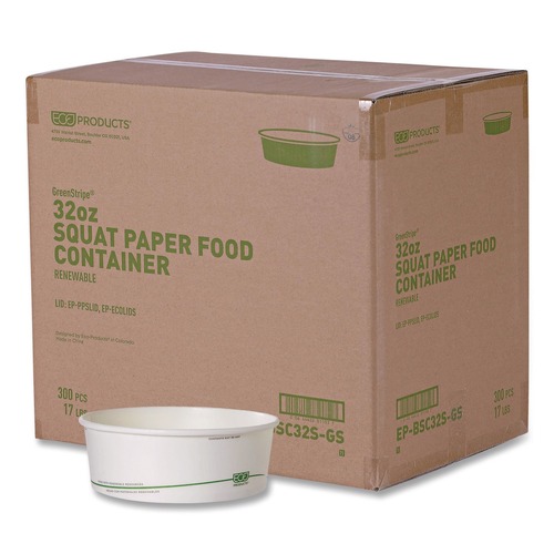 Food Trays, Containers, and Lids | Eco-Products EP-BSC32S-GS GreenStripe 7.28 in. Diameter x 2.48 in. 32 oz. Paper Food Containers - White (300/Carton) image number 0