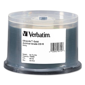 Verbatim 96159 700 MB/80 min 52x Archival Grade CD-R Recordable Disc in Spindle - Gold (50/Pack)