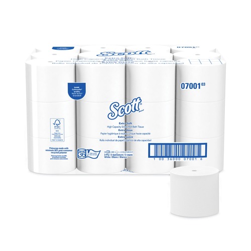 Cleaning & Janitorial Supplies | Scott 07001 Essential Extra Soft Coreless Standard Roll 2-Ply Bath Tissue - White (36 Rolls/Carton, 800 Sheets/Roll) image number 0