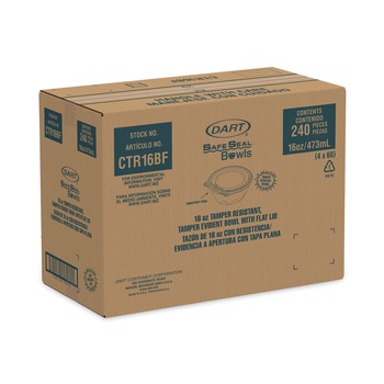 Dart 5.5 in. x 2.7 in. 16 oz. Tamper-Evident Flat-Lid Bowls - Clear (240/Carton)
