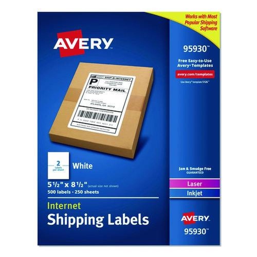 Office Jansan | Avery 95930 5.5 in. x 8.5 in. Shipping Labels-Bulk Packs for Inkjet/Laser Printers - White (2/Sheet, 250 Sheets/Box) image number 0