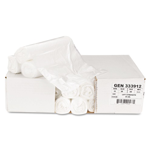 Trash Bags | Boardwalk Z6639LN GR1 33 Gallon 9 mic 33 in. x 39 in. Perforated Roll High-Density Can Liners - Natural (25 Bags/Roll, 20 Rolls/Carton) image number 0