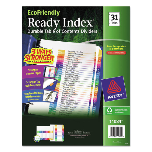 Office Jansan | Avery 11084 Ready Index 11 in. x 8.5 in. 31-Tab 1 to 31 Customizable Table of Contents Dividers with Multicolor Tabs - White (1-Set) image number 0