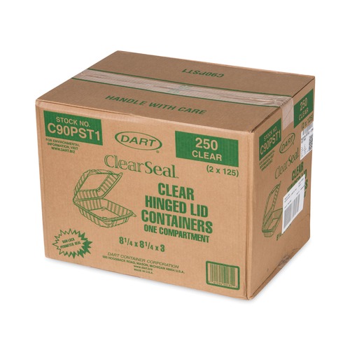 Office Jansan | Dart C90PST1 ClearSeal 8.3 in. x 8.3 in. x 3 in. Hinged-Lid Plastic Containers - Clear (250/Carton) image number 0