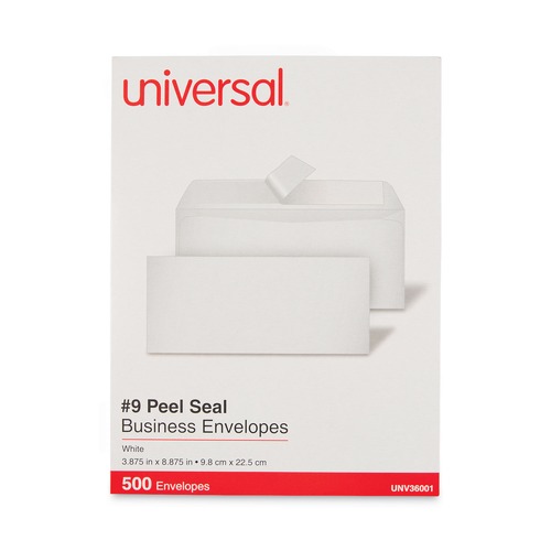 Mothers Day Sale! Save an Extra 10% off your order | Universal UNV36001 Peel Seal 3.88 in. x 8.88 in. #9 Square Flap Business Envelopes - White (500/Box) image number 0