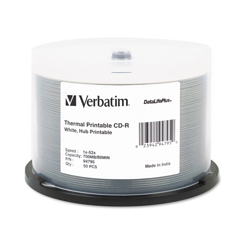 Verbatim 700 MB/80 min 52x Spindle CD-R DataLifePlus Printable Recordable Disc - White (50/Pack)