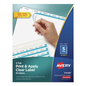 Avery Index Maker 11 in. x 8.5 in. 5-Tab Print and Apply Clear Label Dividers - White (25/Box)