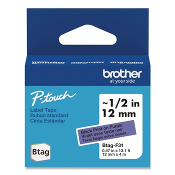 Brother P-Touch 0.47 in. x 13.1 ft. Genuine P-Touch BTAG Label Tapes - Black on Purple