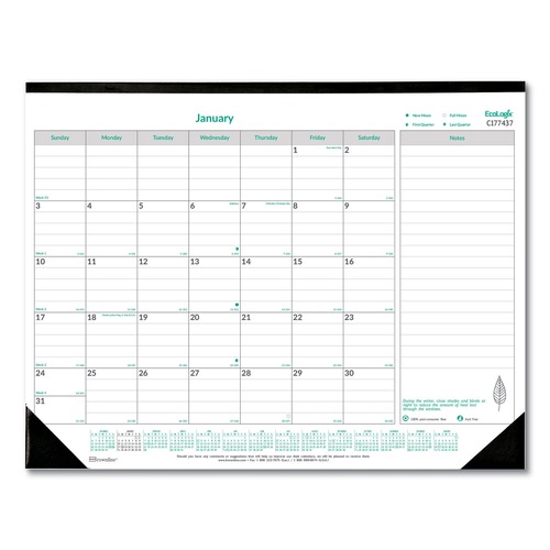 Calendars & Planners | Brownline C177437 12-Month (Jan-Dec): 2026 22 in. x 17 in. EcoLogix Artwork Monthly Desk Pad Calendar - White/Green Sheets, Black Binding/Corners image number 0