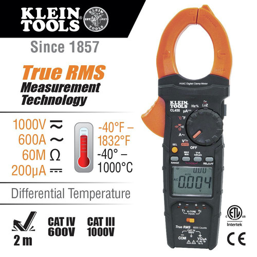 Clamp Meters | Klein Tools CL450 HVAC Cordless Electrical Clamp Meter Tester with Differential Temperature Kit image number 0