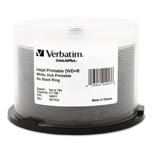 Office Electronics & Batteries | Verbatim 94917 4.7 GB 16x DVD R Recordable Disc - White (50/Pack) image number 0