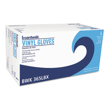 DISPOSABLE GLOVES | Boardwalk BWK365LBX Disposable Powder-Free Vinyl Gloves - Large, Clear (100/Box)
