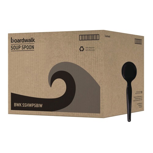 Cutlery | Boardwalk BWKSSHWPSBIW Heavyweight Wrapped Polystyrene Soup Spoons - Black (1000/Carton) image number 0