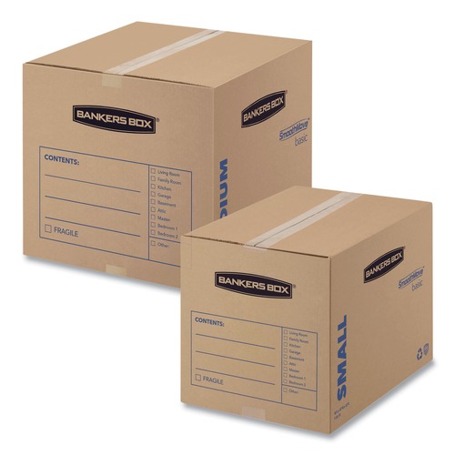 Office Jansan | Bankers Box 7713801 SmoothMove 12 in. x 16 in. x 12 in. Regular Slotted Container (RSC) Basic Moving Boxes - Small, Brown/Blue (25/Carton) image number 0