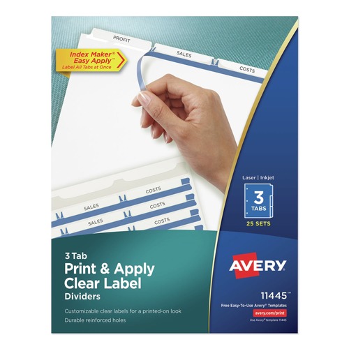Mothers Day Sale! Save an Extra 10% off your order | Avery 11445 Index Maker 11 in. x 8.5 in. 3-Tab Print and Apply Clear Label Dividers - White (25/Box) image number 0