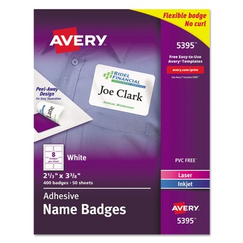 Avery 05395 400 Badges/Sheet 50 Sheet/Box 3.38 in. x 2.33 in. Flexible Adhesive Name Badge Labels - White