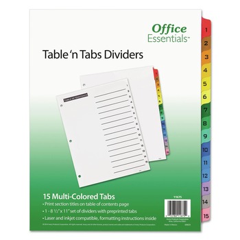 Office Essentials Table 'n Tabs 11 in. x 8.5 in. 15-Tab 1 to 15 Dividers - White/Assorted Tabs (1-Set)