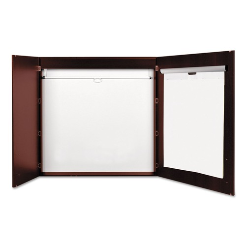  | MasterVision CAB01010130 48 in. x 48 in. Conference Cabinet Porcelain Magnetic Dry Erase Board - White Surface, Cherry Wood Frame image number 0