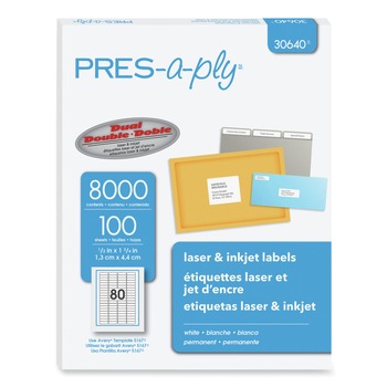 PRES-a-ply 0.5 in. x 1.75 in. Labels for Inkjet/Laser Printers - White (80/Sheet, 100 Sheets/Pack)