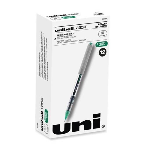Pens | uni-ball 60386 Fine 0.7 mm VISION Stick Roller Ball Pen - Green Ink, Silver/Green/Clear Barrel (1-Dozen) image number 0
