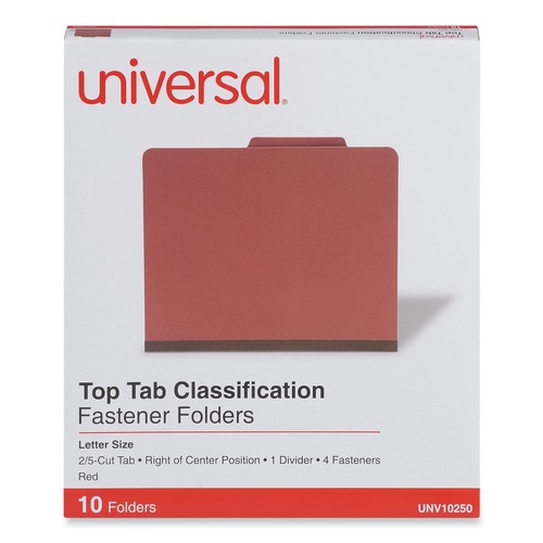 Universal UNV10250 Letter Size 1 Divider 4-Section Pressboard Classification Folder - Red (10/Box) image number 0