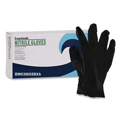 Disposable Gloves | Boardwalk 396XSBXA 396 Series 9.5 in. Long 4.4 mil. Thick Powder-Free Disposable General-Purpose Nitrile Gloves - X-Small Black (100/Box) image number 0