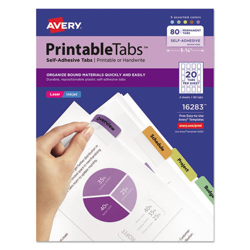 Office Jansan | Avery 16283 1.75 in. Wide 1/5-Cut Printable Plastic Tabs with Repositionable Adhesive - Assorted Colors (80/Pack) image number 0