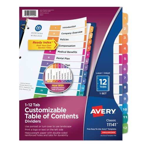 Office Jansan | Avery 11141 Ready Index 11 in. x 8.5 in. 12-Tab 1 to 12 Customizable TOC Dividers - Multicolor Tabs/White (1-Set) image number 0
