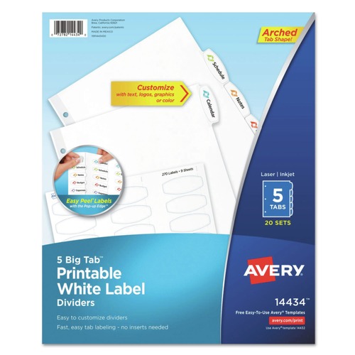 Office Jansan | Avery 14434 11 x 8.5 Big Tab Printable Label 5-Tab Dividers - White (20/Pack) image number 0