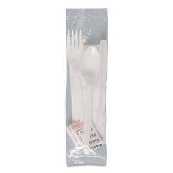 SOLO Medium Weight PP Kit Wrapped Fork/Knife/Teaspoon/Napkin with Salt and Pepper - White (250/Carton)
