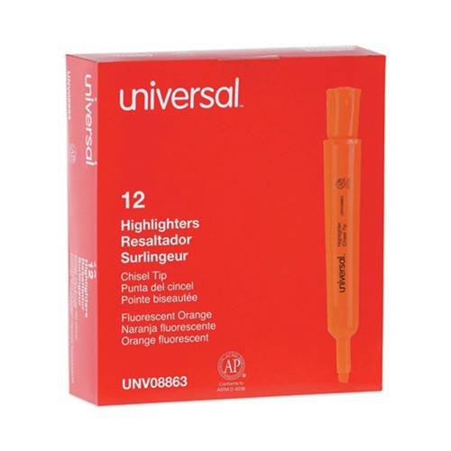 Office Jansan | Universal UNV08863 Fluorescent Ink Chisel Tip Desk Highlighters - Orange (1 Dozen) image number 0