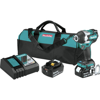 Makita XWT18T 18V LXT Brushless Lithium-Ion 1/2 in. Cordless Square Drive Mid-Torque Impact Wrench with Detent Anvil Kit with 2 Batteries (5 Ah)