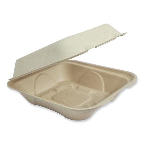 Food Trays, Containers, and Lids | World Centric TO-SC-U9-LFP 9.2 in. x 9.1 in. x 3.2 in. Paper Fiber Hinged Containers - Natural (300/Carton) image number 0