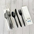 Cutlery | Boardwalk BWKCOMBO6KIT 6-Piece 5.86 in. Plastic Fork/Knife/Napkin/Pepper/Salt/Spoon Cutlery Kit - Black (250/Carton) image number 4