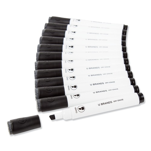Washable Markers | U Brands 2925U01-12 Low-Odor Dry-Erase Markers with Erasers - Black/Broad Chisel Tip (1-Dozen) image number 0