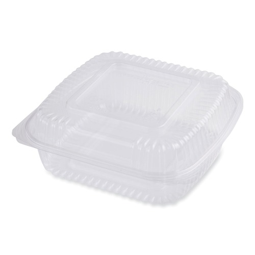 Food Service | World Centric KL-CS-8N 8.3 in. x 8.6 in. x 3.1 in. 46 oz. PLA Plastic Hinged Clamshells - Clear (300/Carton) image number 0