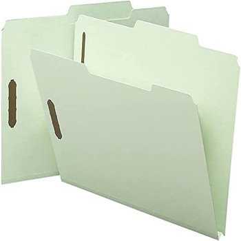 Smead 14980 2/5 Cut Right of Center Tab 1 in. Expansion Letter Size Recycled Pressboard Folders with 2 SafeSHIELD Coated Fasteners - Gray-Green (25/Box)
