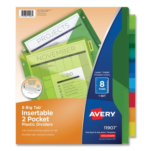 Office Jansan | Avery 11907 Big Tab 11.13 in. x 9.25 in. 8-Tab Insertable Plastic 2-Pocket Dividers - Assorted (1-Set) image number 0