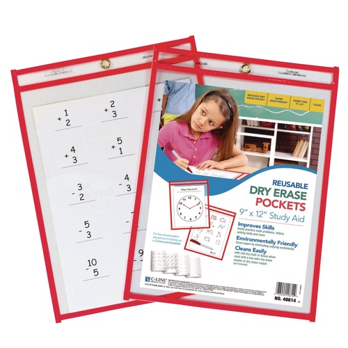 Office & Office Supplies | C-Line 40814 9 x 12 Insert Reusable Dry Erase Pockets - Clear Front/Neon Red Border (30/Pack) image number 0