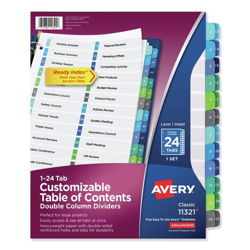Office Jansan | Avery 11321 11 in. x 8.5 in. 24-Tab 1 to 24 Customizable TOC Ready Index Double Column Multicolor Tab Dividers - White (1-Set) image number 0