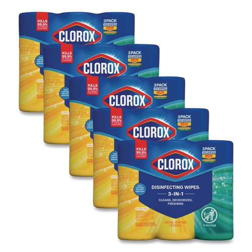 Cleaning & Janitorial Supplies | Clorox 30112 7 in. x 8 in. 1-Ply Disinfecting Wipes - Fresh Scent/Citrus Blend (35/Canister, 3/Pack, 5 Packs/Carton) image number 0