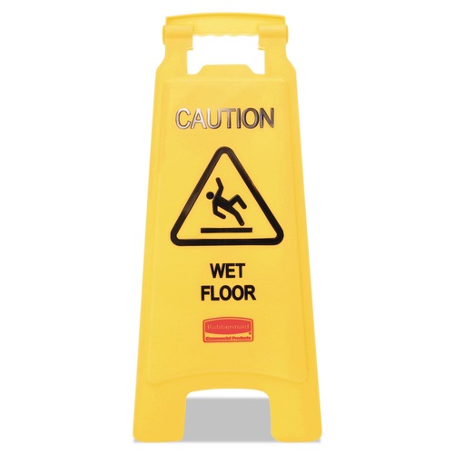 Floor Signs | Rubbermaid Commercial FG611277YEL 11 in. x 12 in. x 25 in. Caution Wet Floor Sign - Bright Yellow (6/Carton) image number 0